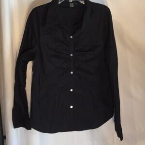 Black cotton spandex fitted blouse w/rushing worn1